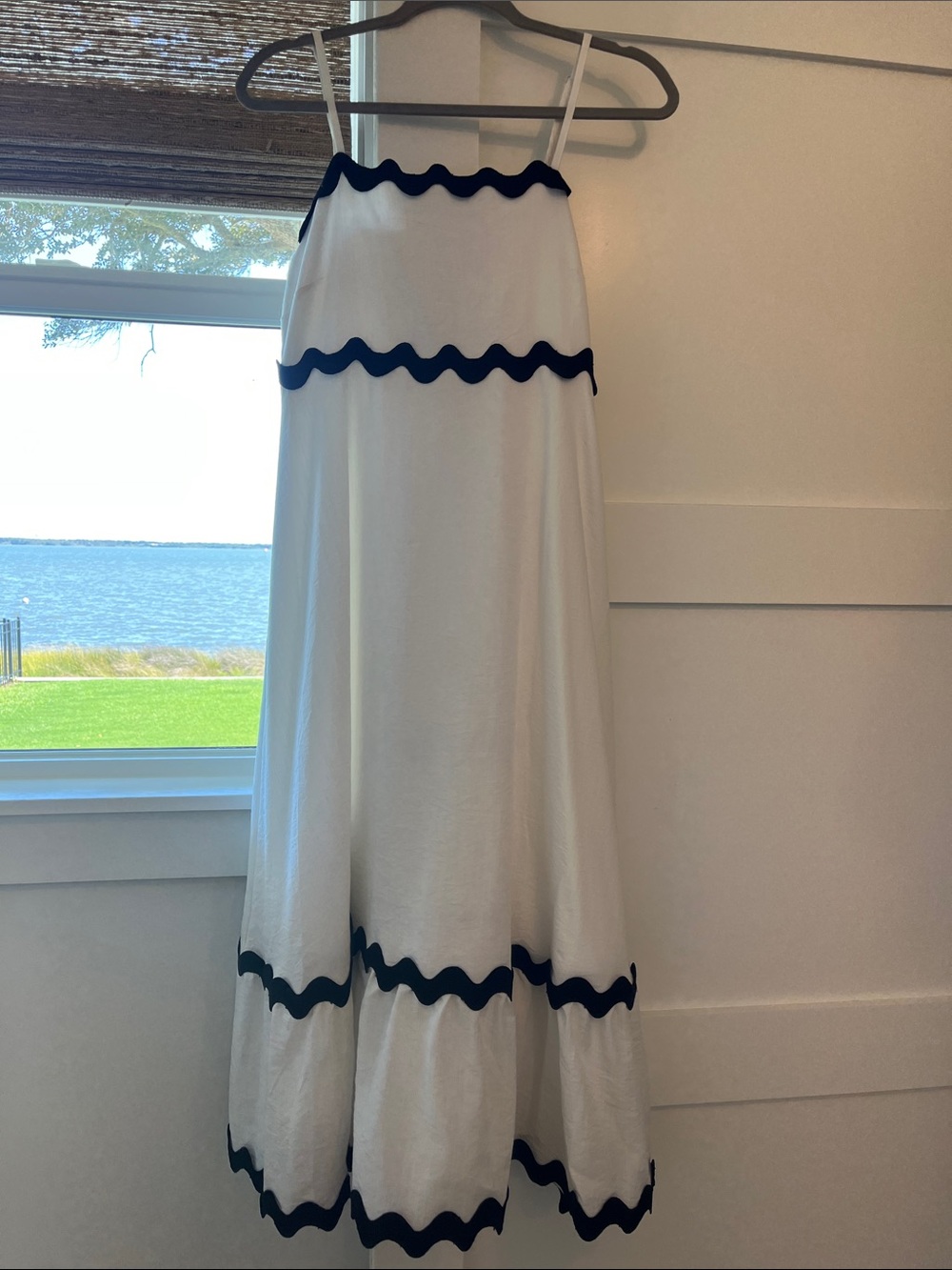 White sundress with black ric rac trim